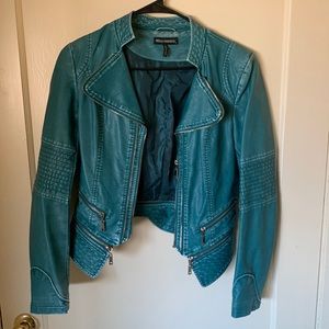 Miss Morena faux leather turquoise jacket. Size small. Gently worn. Super cute